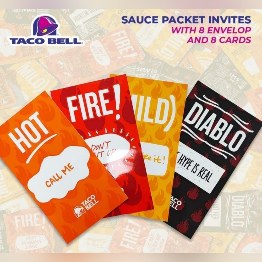 Taco Bell Sauce Packet Themed Invites | 4" x 7" Party Cards |Includes 8 envelope